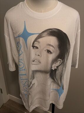 White Short-Sleeve Graphic Tee with Blue Accents Ariana Grande